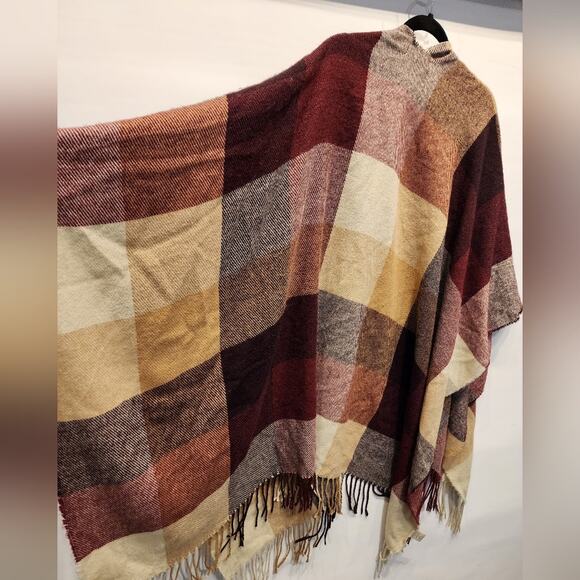 Francesca's Plaid Check Shawl Poncho Fringe Wrap Burgundy Red Tan Black One Size - Picture 7 of 9